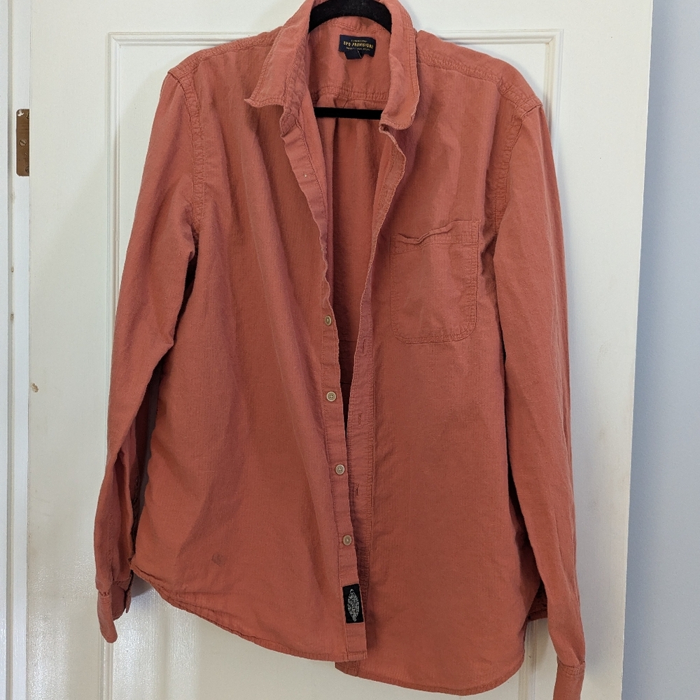 CPO Provisions orange linen type button up shirt Size XL made In Portland OR